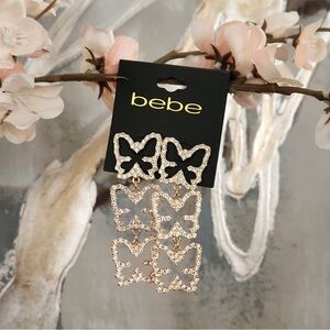 BEBE 3 Bling Butterflies Dangling Earrings NWT